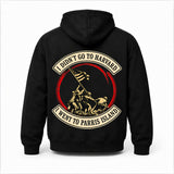 Back view of a black Parris Island veteran hoodie with vintage flag-raising back print on a white background