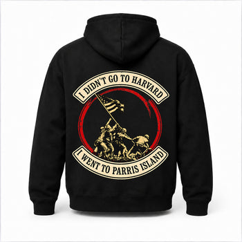 Back view of a black Parris Island veteran hoodie with vintage flag-raising back print on a white background