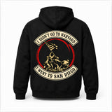 Back view of a black San Diego veteran hoodie with vintage flag-raising back print