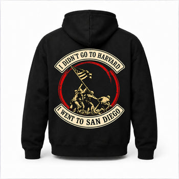 Back view of a black San Diego veteran hoodie with vintage flag-raising back print