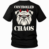 Back view of a black CONTROLLED CHAOS veteran T-shirt with horned bulldog with Controlled Chaos back print