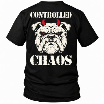 Back view of a black CONTROLLED CHAOS veteran T-shirt with horned bulldog with Controlled Chaos back print