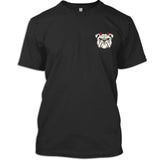 Front view of a black CONTROLLED CHAOS veteran T-shirt with small horned bulldog left chest print