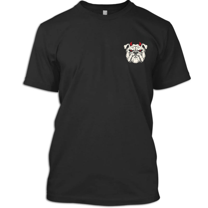 Front view of a black CONTROLLED CHAOS veteran T-shirt with small horned bulldog left chest print