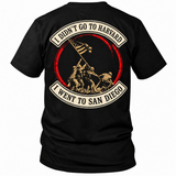 Back view of a black San Diego custom year veteran T-shirt with vintage flag-raising back print