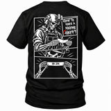 Back view of a black How to make a marine happy marine veteran T-shirt with skeleton comic panels with DD-214 back print