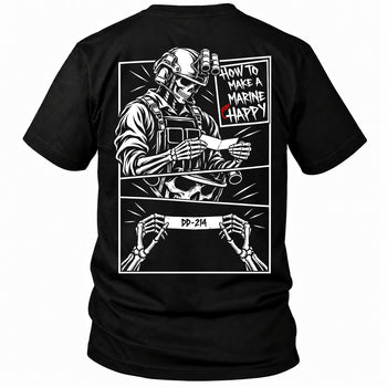 Back view of a black How to make a marine happy marine veteran T-shirt with skeleton comic panels with DD-214 back print