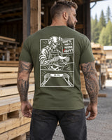 Man wearing a military green How to make a marine happy marine veteran T-shirt, back print view