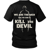 Back view of a black Kill The Devil custom year veteran T-shirt with Stenciled Kill The Devil text over soldier silhouette