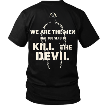 Back view of a black Kill The Devil custom year veteran T-shirt with Stenciled Kill The Devil text over soldier silhouette