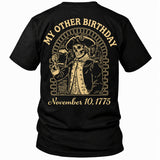 Back view of a black My Other Birthday custom year veteran T-shirt with colonial skeleton raising a beer in brick arch