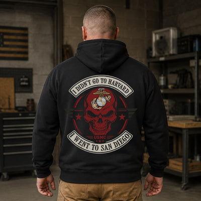 I Didn’t Go to Harvard, I Went to San Diego – Marine Veteran Skull Hoodie
