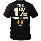 Back view of a black The 1% veteran T-shirt with 1% Who Serve stencil, boot prints back print