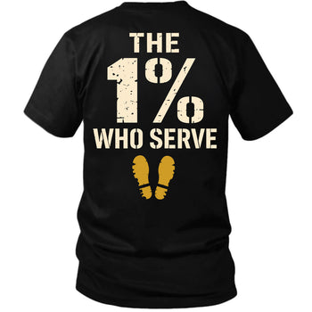 Back view of a black The 1% veteran T-shirt with 1% Who Serve stencil, boot prints back print