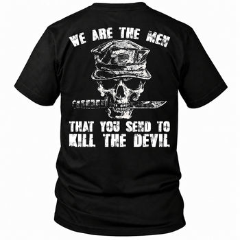 Back view of a black We are the men veteran T-shirt with skull with knife and slogan back print
