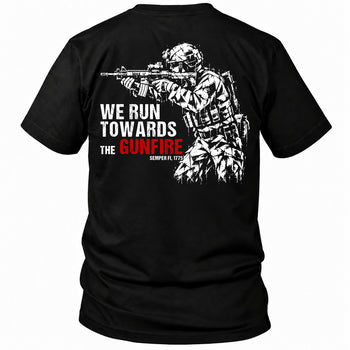 Back view of a black We Run Towards the Gunfire custom year veteran T-shirt